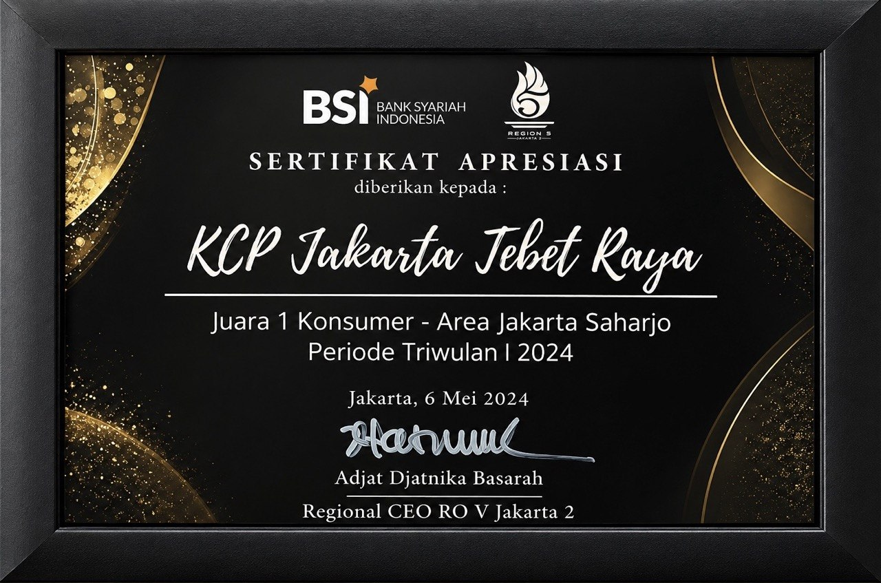 Sertifikat Juara 1 Konsumer Area Jakarta Saharjo